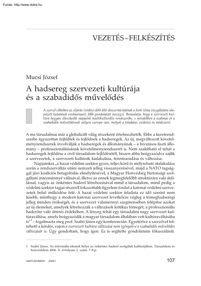 Mucsi József - A hadsereg szervezeti kultúrája és a szabadidős művelődés