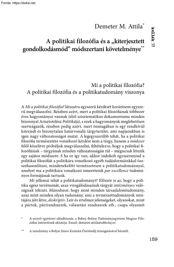 Demeter M. Attila - A politikai filozófia és a kiterjesztett gondolkodásmód módszertani követelménye