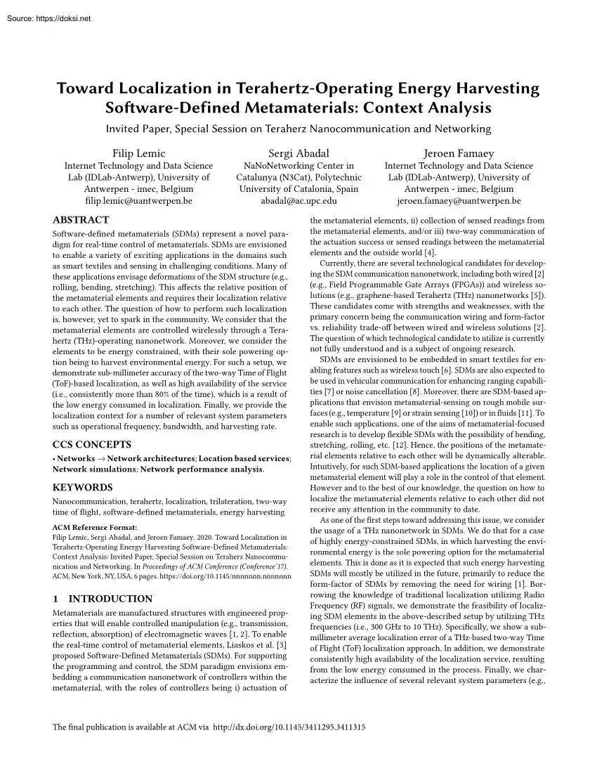 Toward Localization in Terahertz-Operating Energy Harvesting Software-Defined Metamaterials, Context Analysis