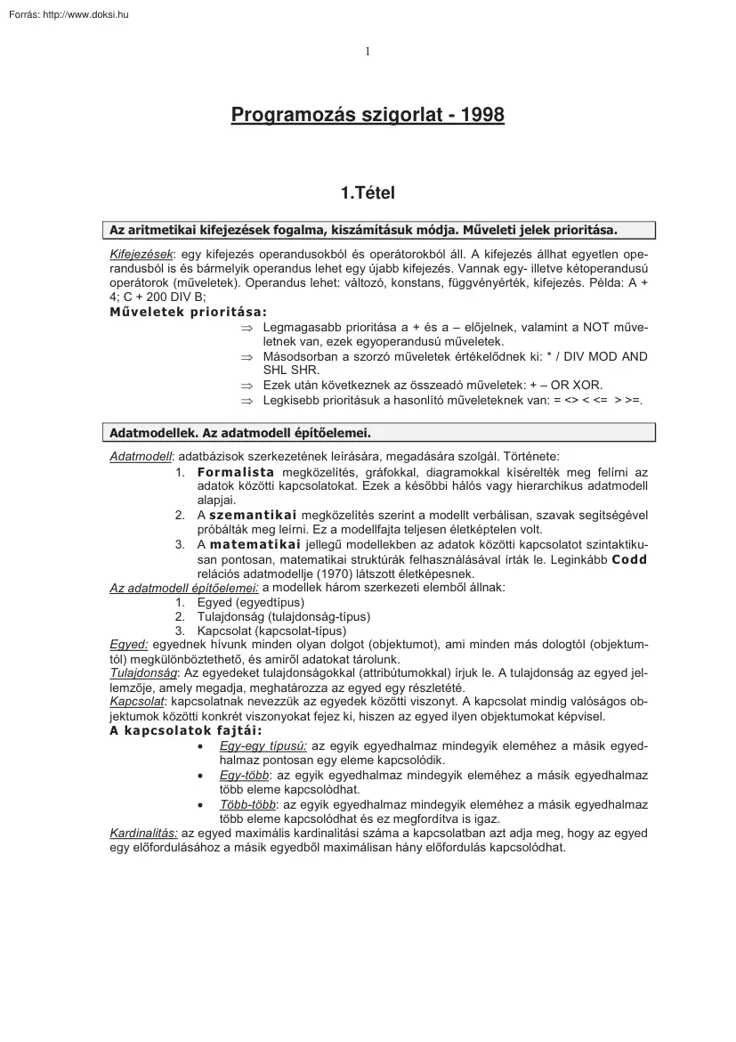 Programozás szigorlat, 1998
