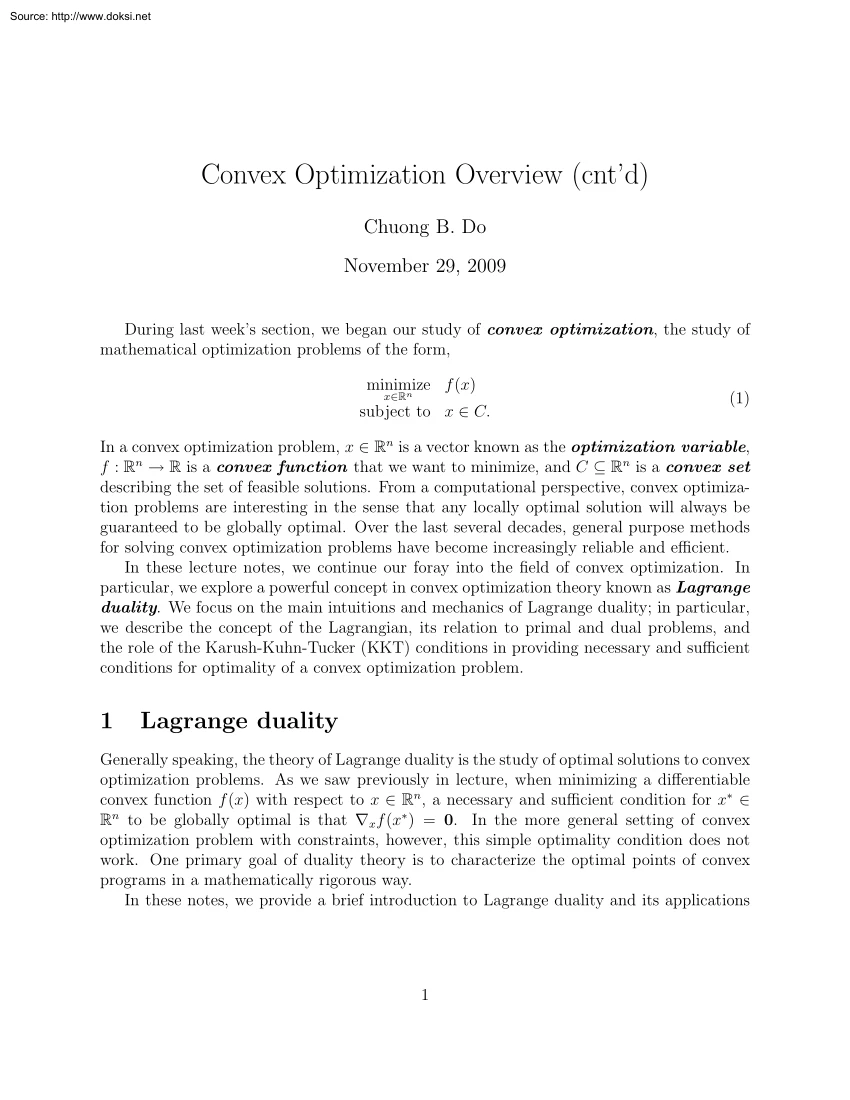 Chuong B. Do - Convex Optimization Overview