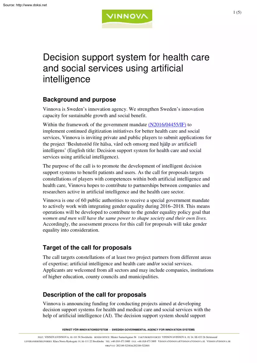 Decision Support System for Health Care and Social Services Using Artificial Intelligence