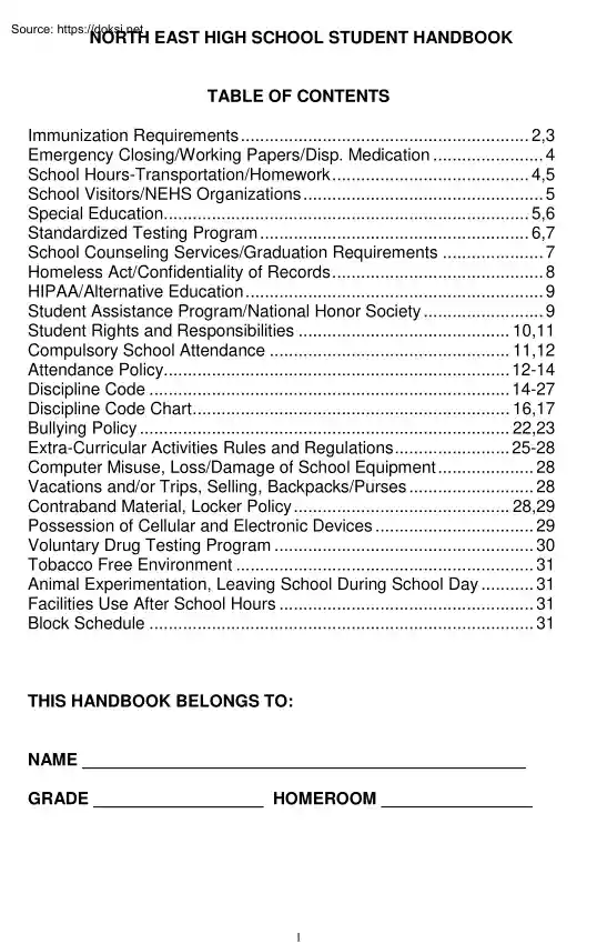 North East High School, Student Handbook