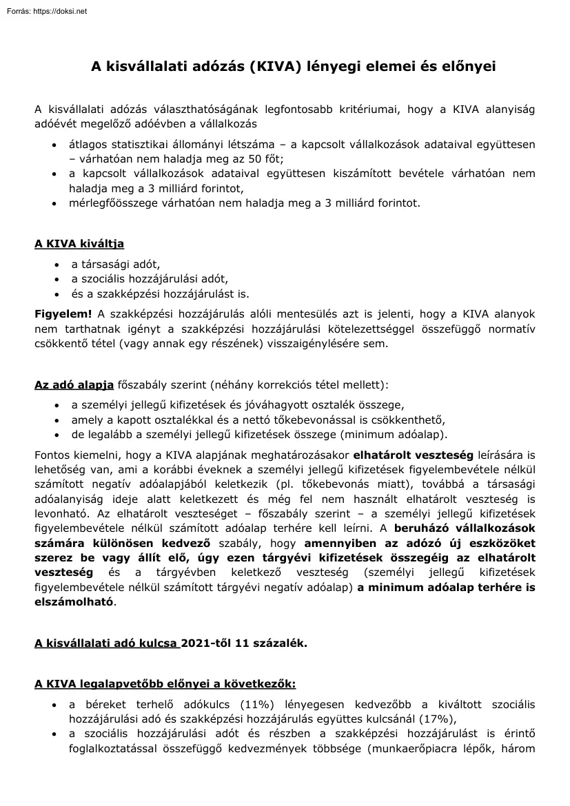 Horváth Katalin - A kisvállalati adózás (KIVA) lényegi elemei és előnyei