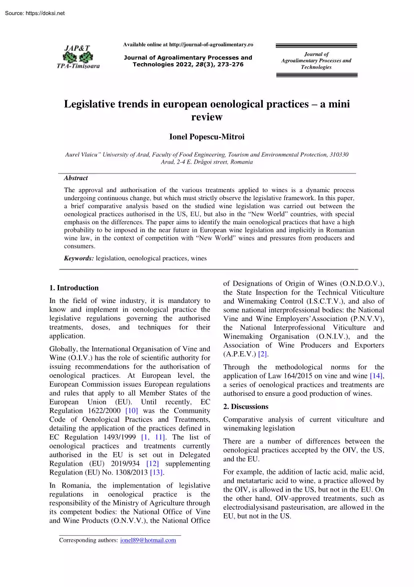 Ionel Popescu-Mitroi - Legislative trends in european oenological practices, a mini review