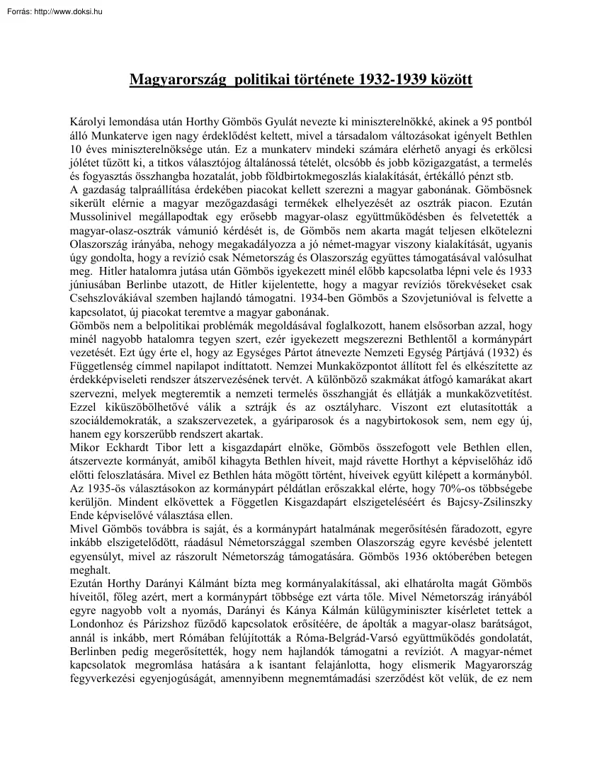 Magyarország  politikai története 1932-1939 között