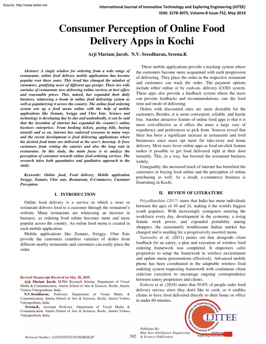 Jacob-Sreedharan - Consumer Perception of Online Food Delivery Apps in Kochi