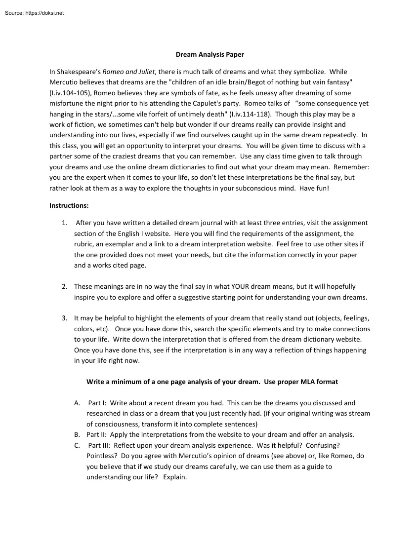 Romeo and Juliet, Dream Analysis Paper