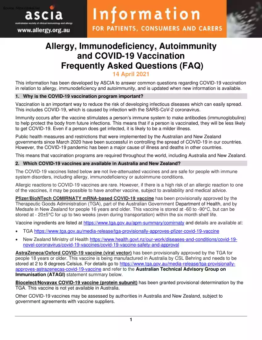 Allergy, Immunodeficiency, Autoimmunity and COVID-19 Vaccination, Frequently Asked Questions