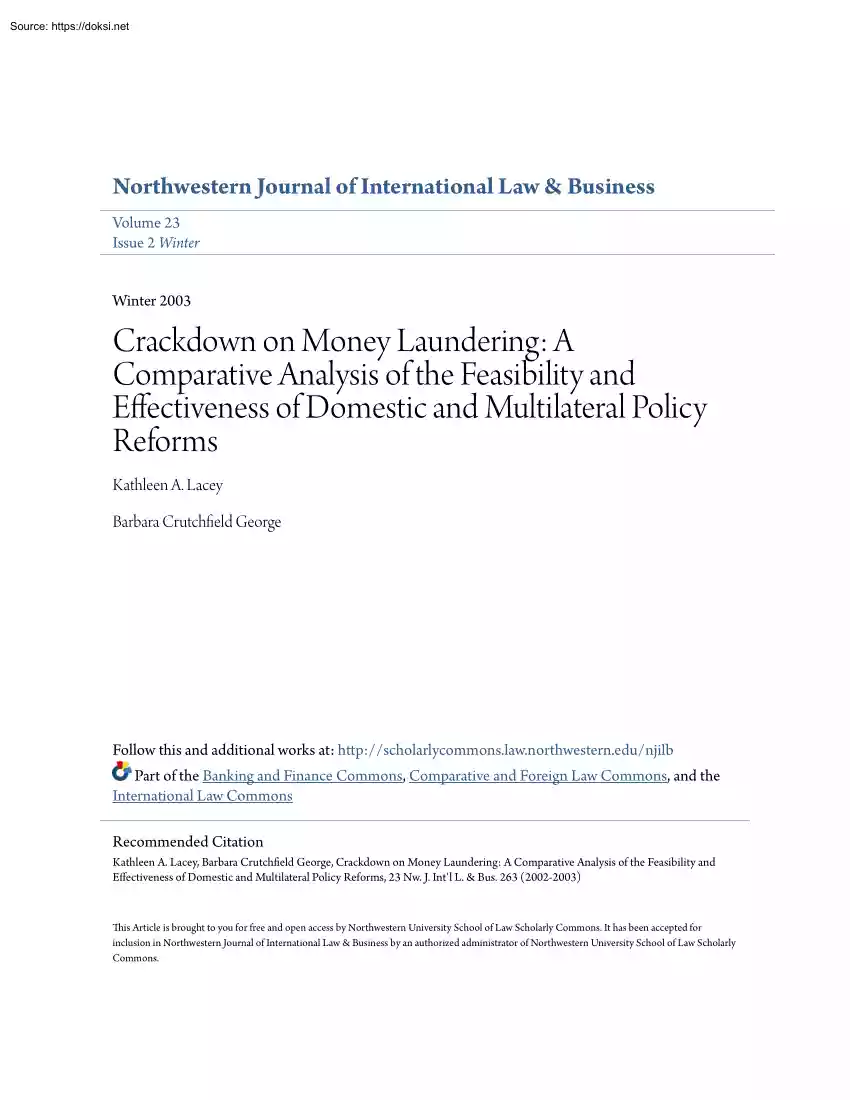 Kathleen-Barbara - Crackdown on Money Laundering, A Comparative Analysis of the Feasibility and Effectiveness of Domestic and Multilateral Policy Reforms