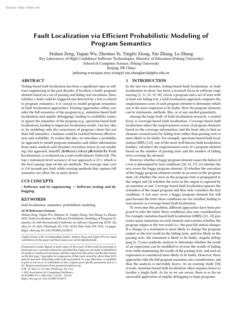 Fault Localization via Efficient Probabilistic Modeling of Program Semantics