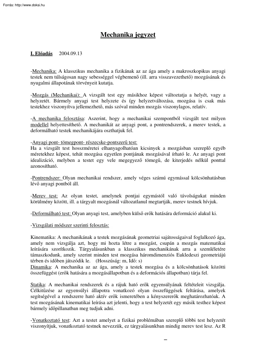 Mechanika jegyzet