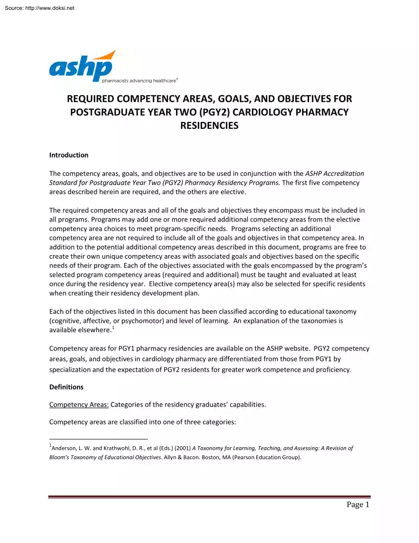 Required Competency Areas, Goals and Objectives for Postgraduate Year two Cardiology Pharmacy