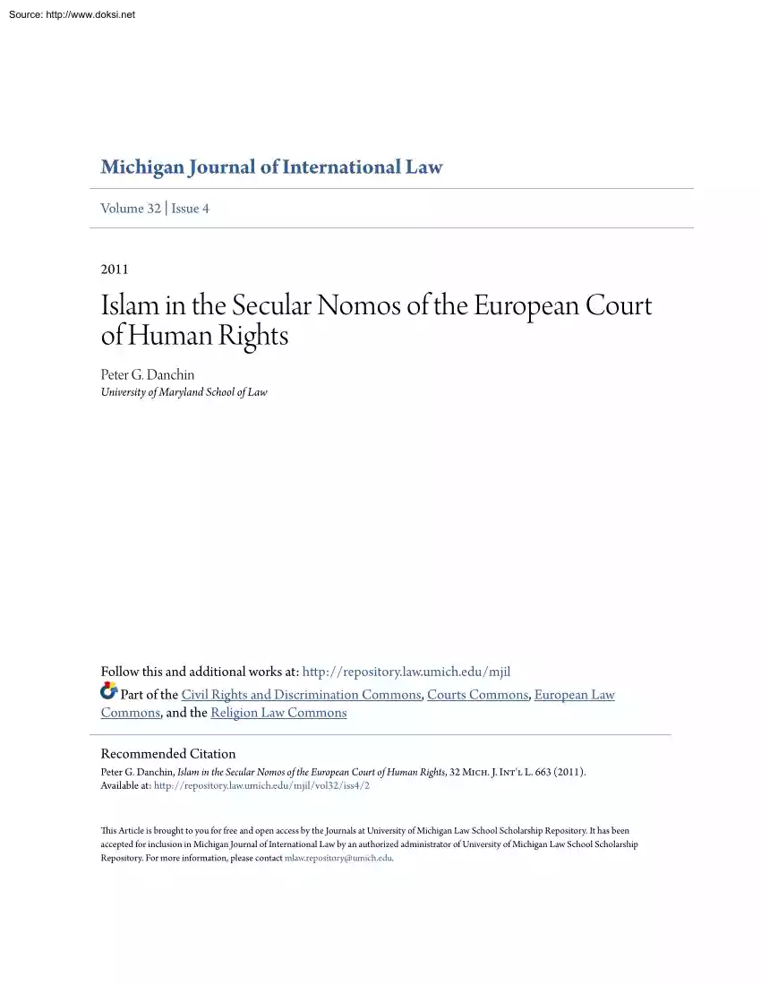 Peter G. Danchin - Islam in the Secular Nomos of the European Court of Human Rights