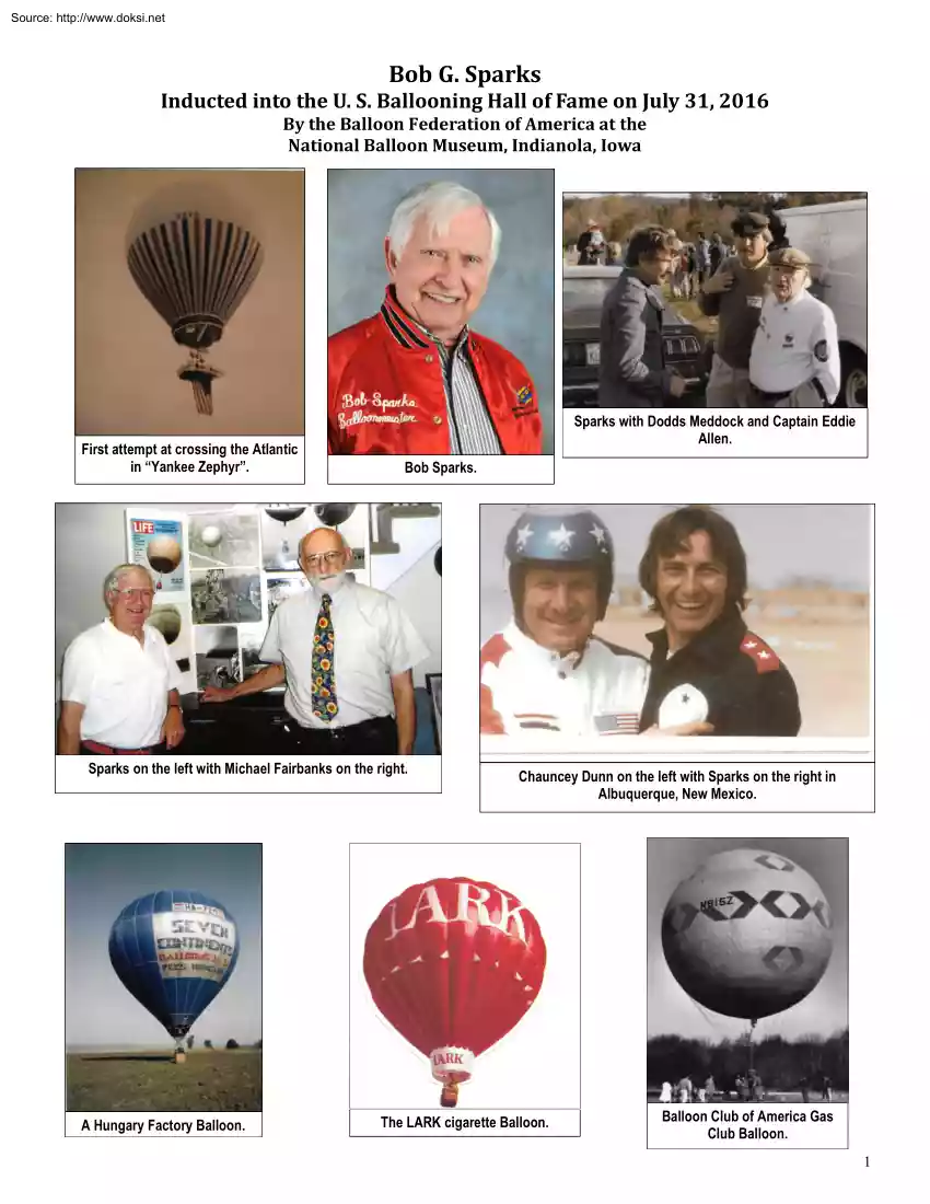 Bob G. Sparks - Inducted into the U. S. Ballooning Hall of Fame on July 31, 2016