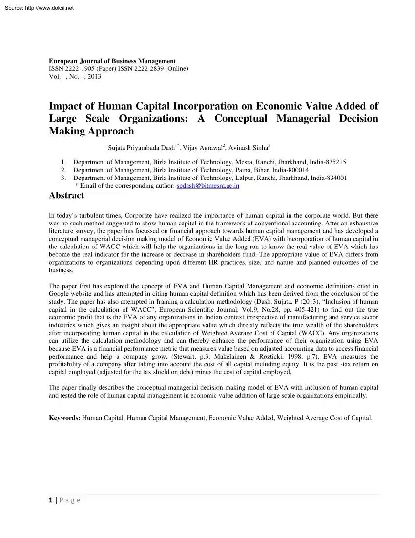 Dash-Agrawal-Sinha - Impact of Human Capital Incorporation on Economic Value Added of Large Scale Organizations, A Conceptual Managerial Decision Making Approach