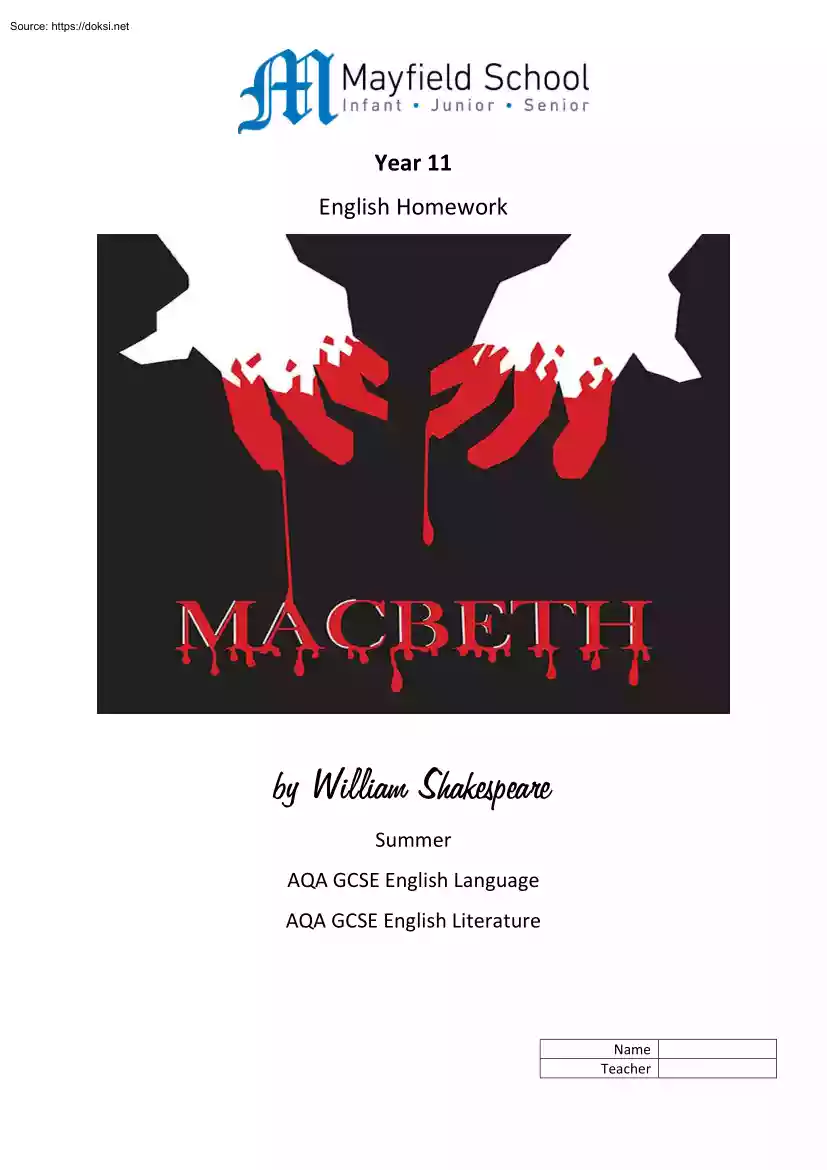 Macbeth by William Shakespeare, English Homework, AQA GCSE English Literature