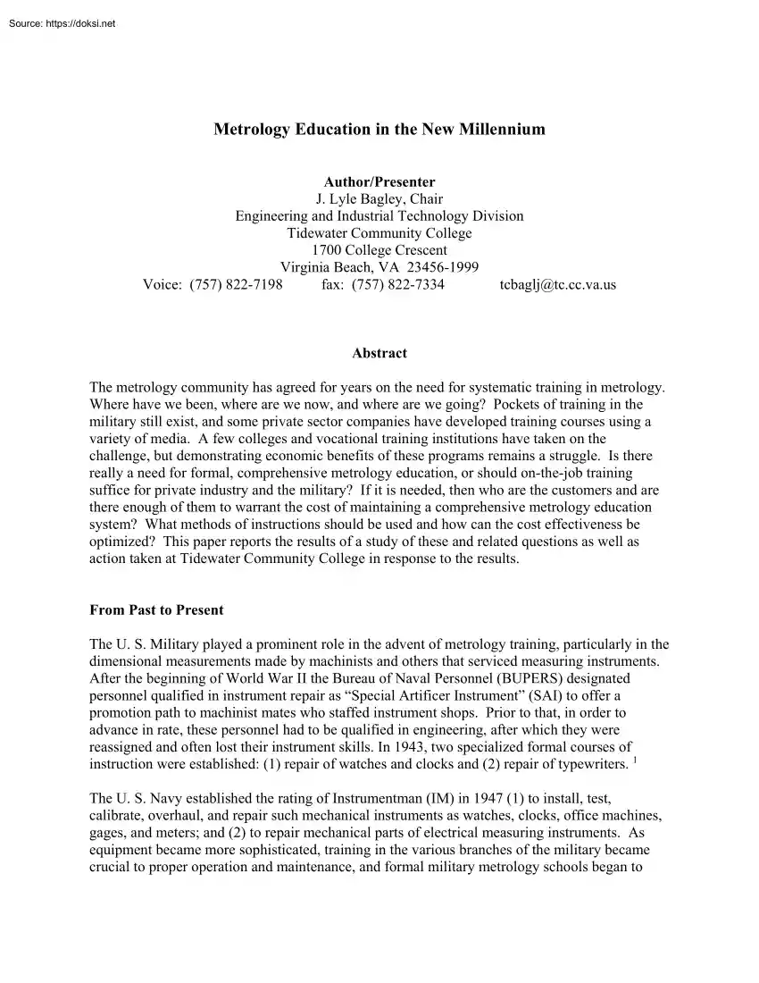 J. Lyle Bagley - Metrology Education in the New Millennium