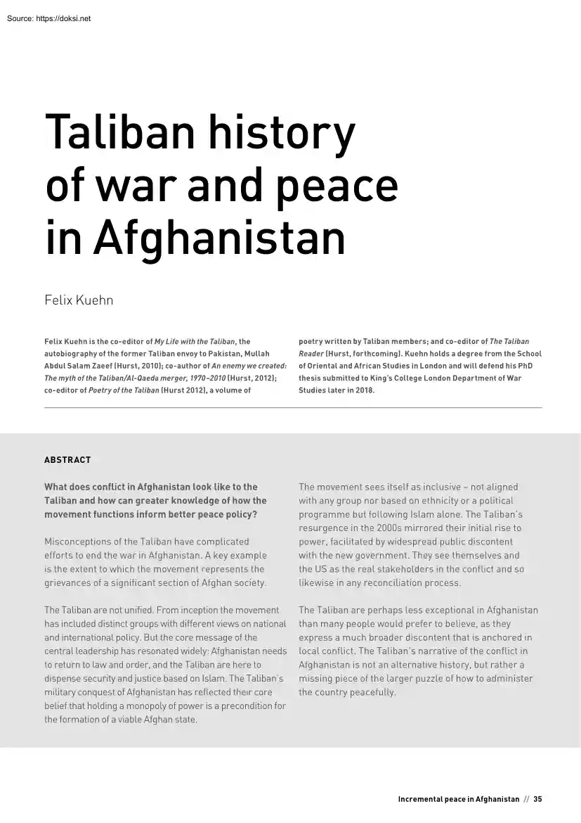 Felix Kuehn - Taliban History of War and Peace in Afghanistan