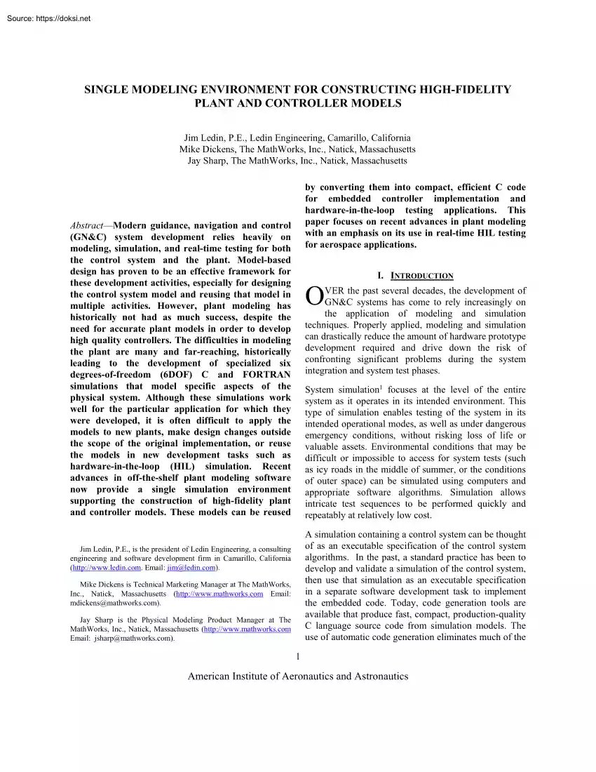Ledin-Dickens - Single Modeling Environment for Constructing High Fidelity Plant and Controller
