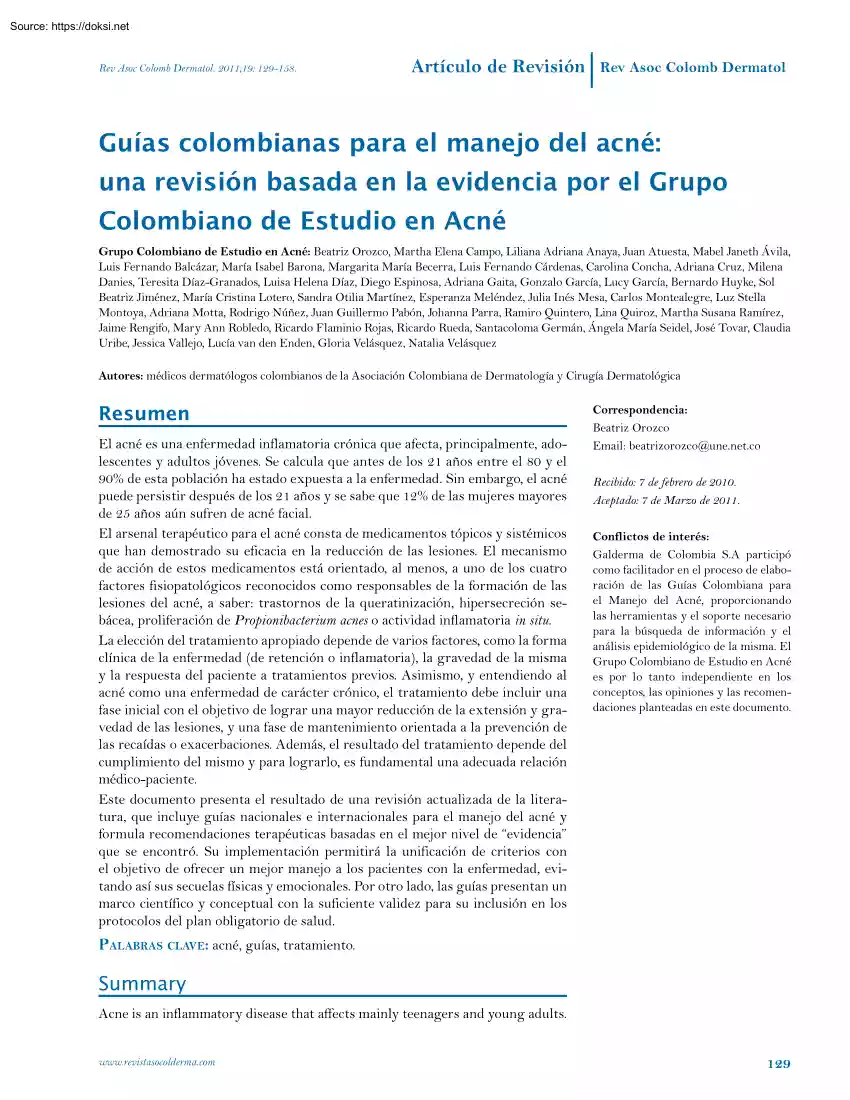 Guías Colombianas Para el Manejo del Acné, Una Revisión Basada en la Evidencia por el Grupo Colombiano de Estudio en Acné