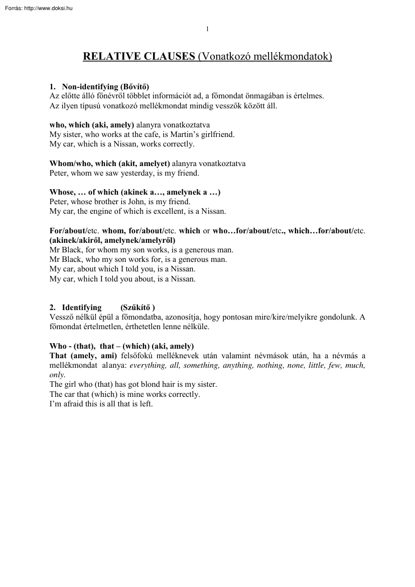 Relative clauses - Vonatkozó mellékmondatok