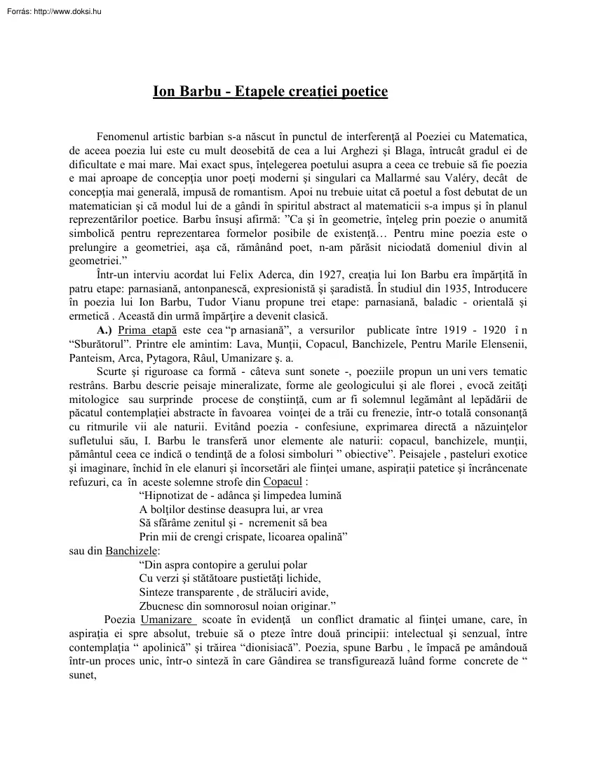 Ion Barbu - Etapele creaţiei poetice