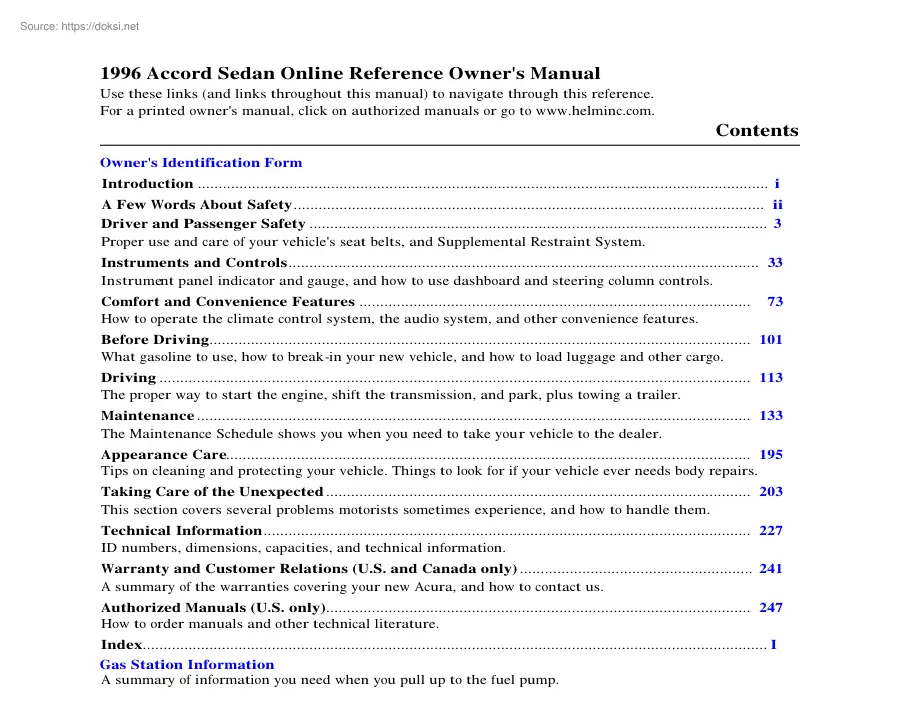 Honda Accord Sedan, 1196 owners manual