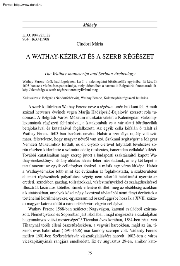 Cindori Mária - A Wathay kézirat és a szerb régészet