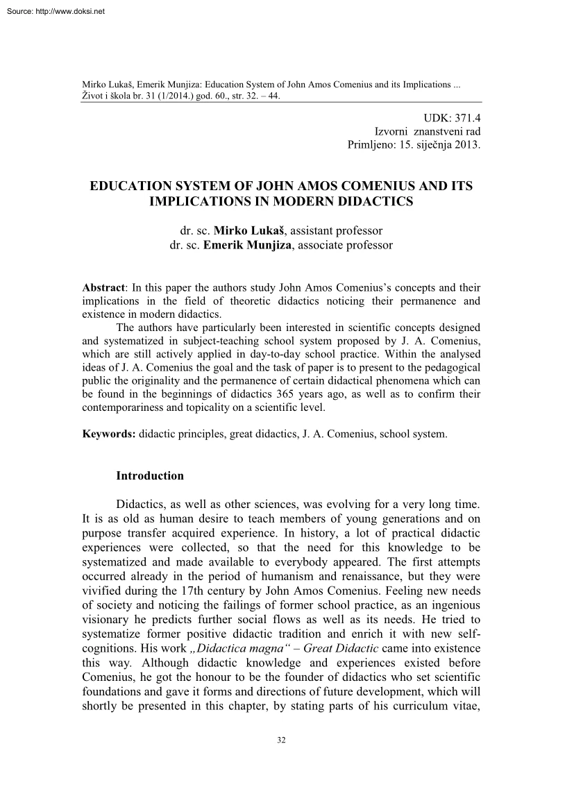 Lukas-Munjiza - Education System of John Amos Comenius and its Implications in Modern Didactics