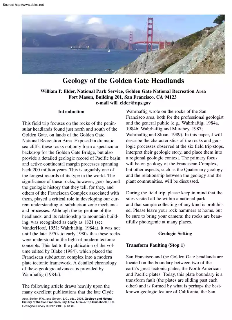 William P. Elder - Geology of the Golden Gate Headlands