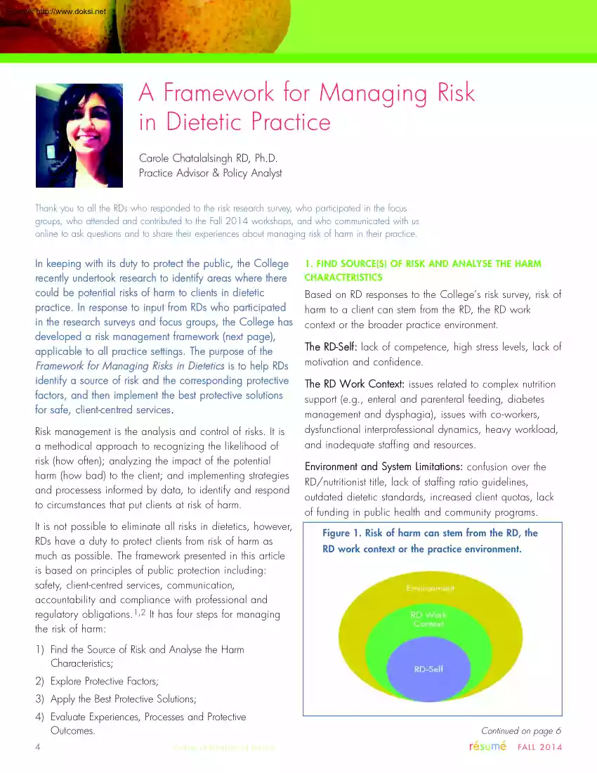 Carole Chatalalsingh - A Framework for Managing Risk in Dietetic Practice