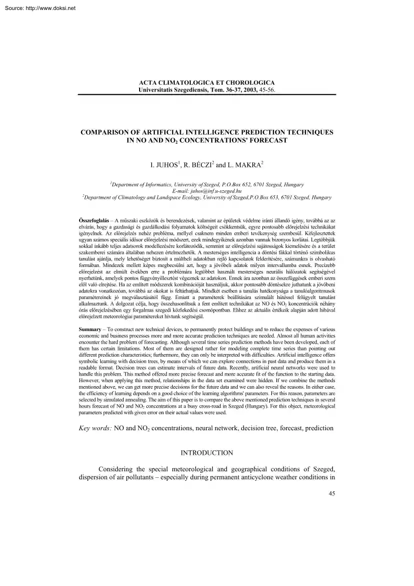 Juhos-Béczi-Makra - Comparison of Artificial Intelligence Prediction Techniques in No and No2 Concentrations Forecast