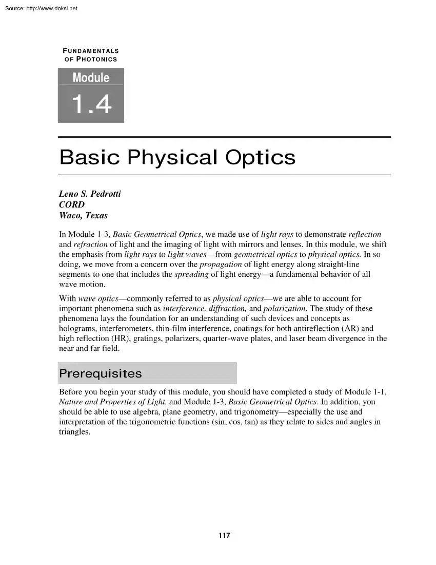 Leno S. Pedrotti - Basic Physical Optics