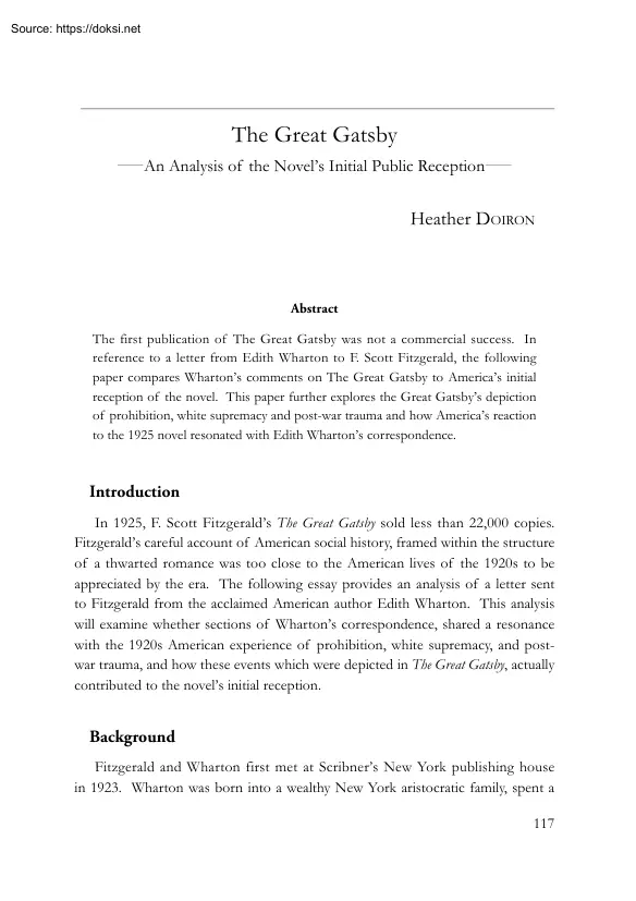 Heather Doiron - The Great Gatsby, An Analysis of the Novels Initial Public Reception