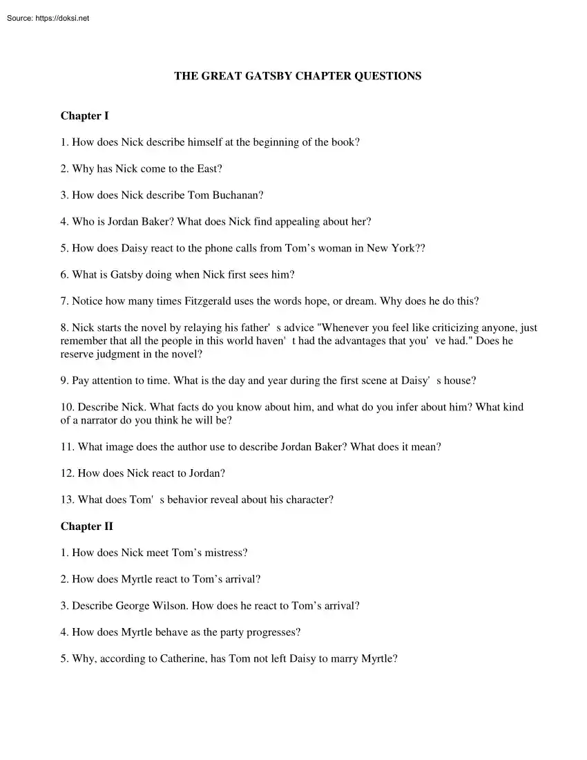 The Great Gatsby, Chapter Questions