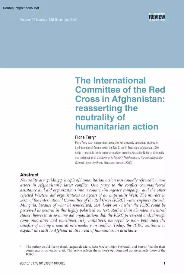 Fiona Terry - The International Committee of the Red Cross in Afghanistan, Reasserting the Neutrality of Humanitarian Action