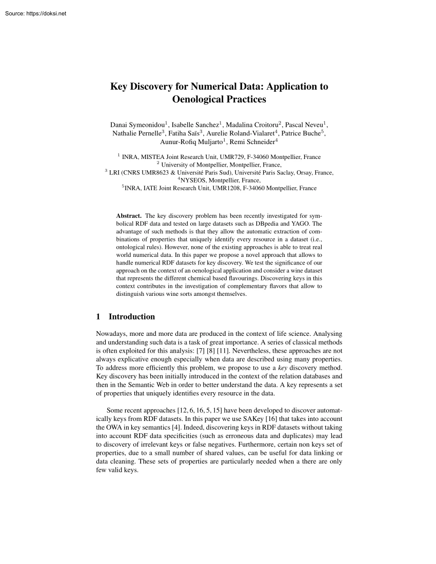 Key Discovery for Numerical Data, Application to Oenological Practices