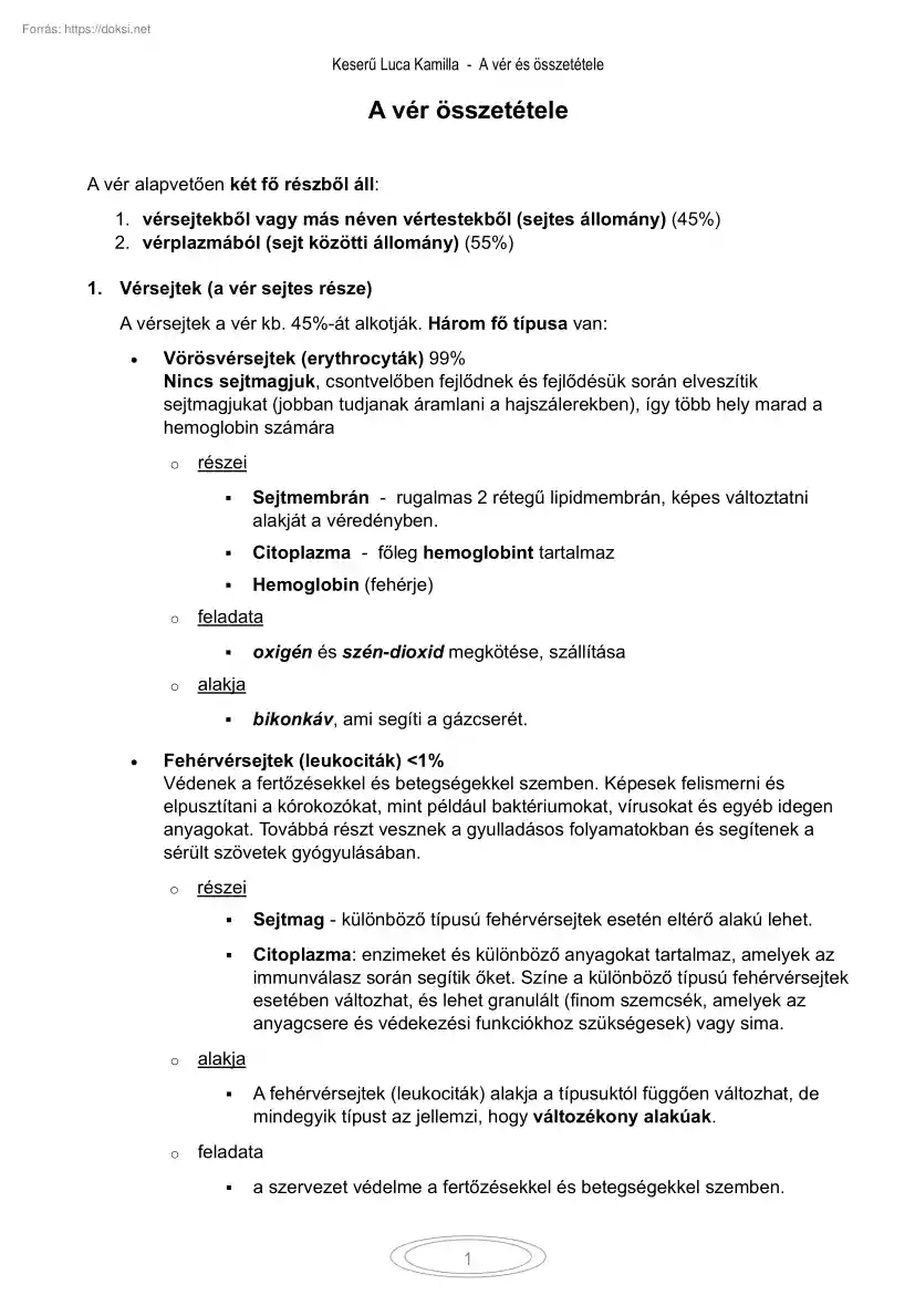 Keserű Luca Kamilla - A vér és összetétele