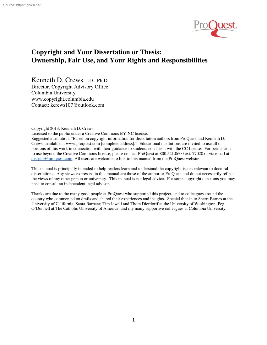 Kenneth D. Crews - Copyright and Your Dissertation or Thesis, Ownership, Fair Use, and Your Rights