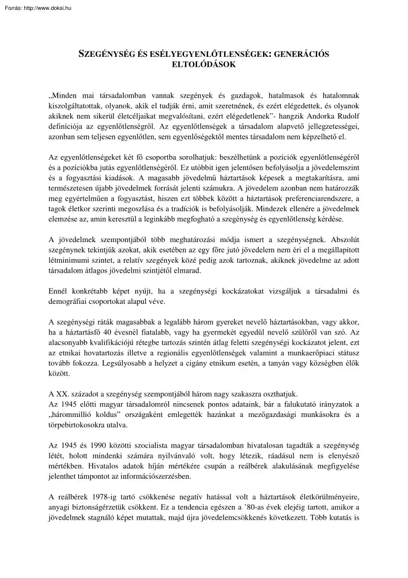 Szegénység és esélyegyenlőtlenségek, generációs eltolódások