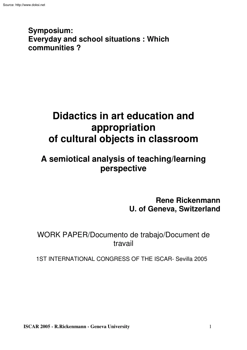 Rene Rickenmann - Didactics in Art Education and Appropriation of Cultural Objects in Classroom