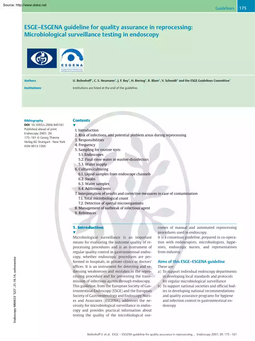 Beilenhoff-Neumann-Rey - ESGE, ESGENA Guideline for Quality Assurance in Reprocessing, Microbiological Surveillance Testing in Endoscopy
