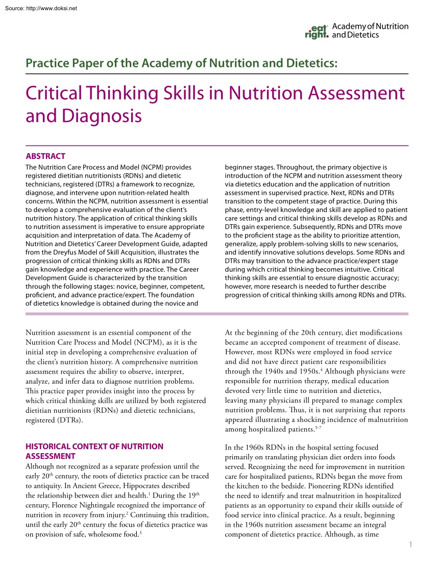 Critical Thinking Skills in Nutrition Assessment and Diagnosis