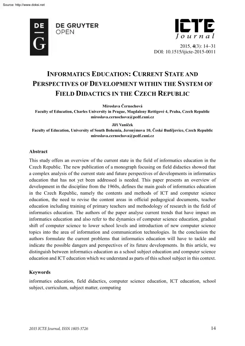 Cernochová-Vanícek - Current State and Perspectives of Development within the System of Field Didactics in the Czech Republic