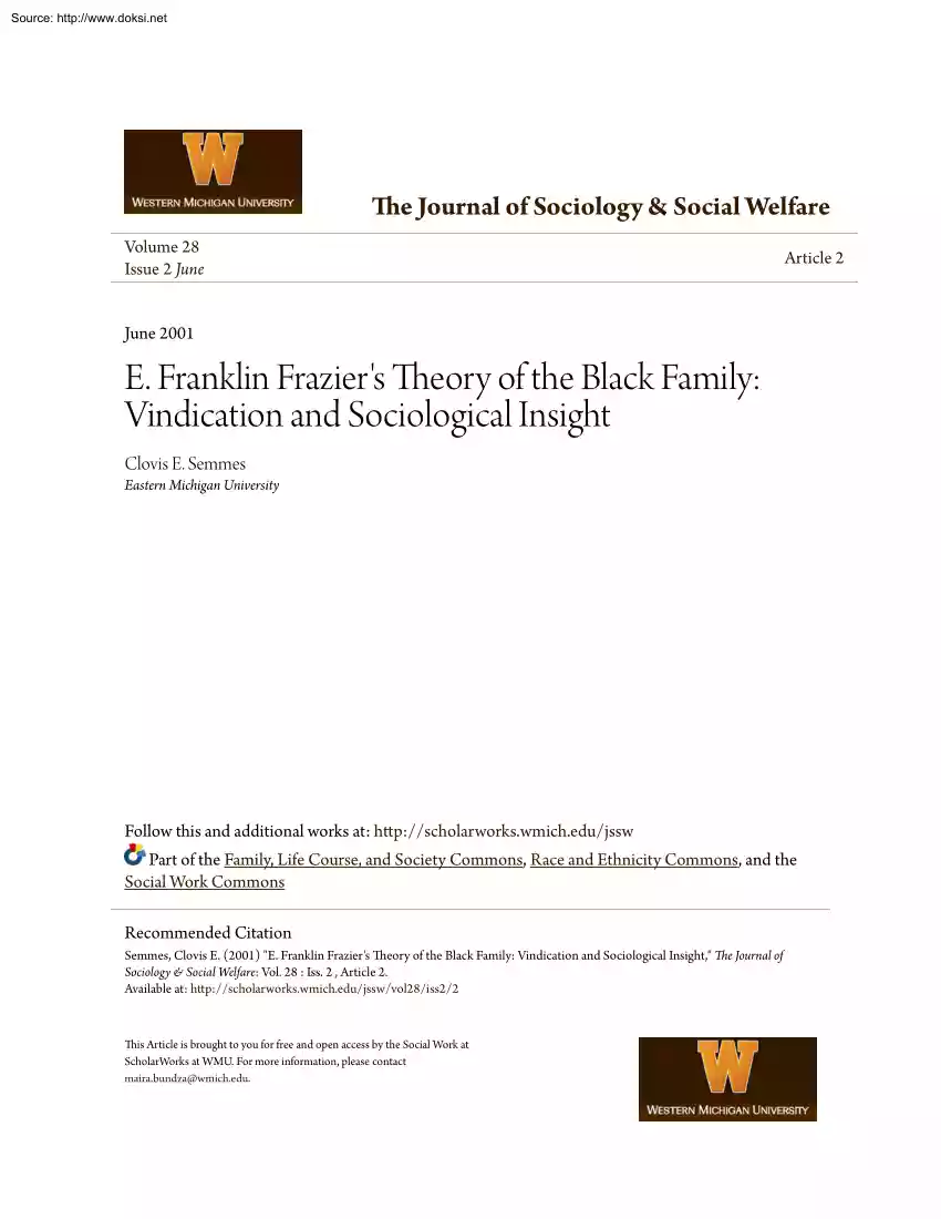 Clovis E. Semmes - E. Franklin Fraziers Theory of the Black Family, Vindication and Sociological Insight
