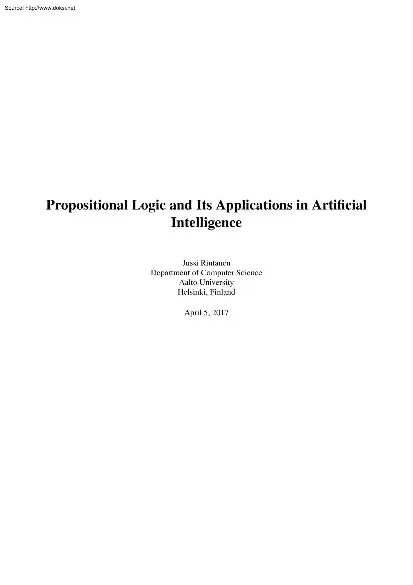 Jussi Rintanen - Propositional Logic and Its Applications in Artificial Intelligence