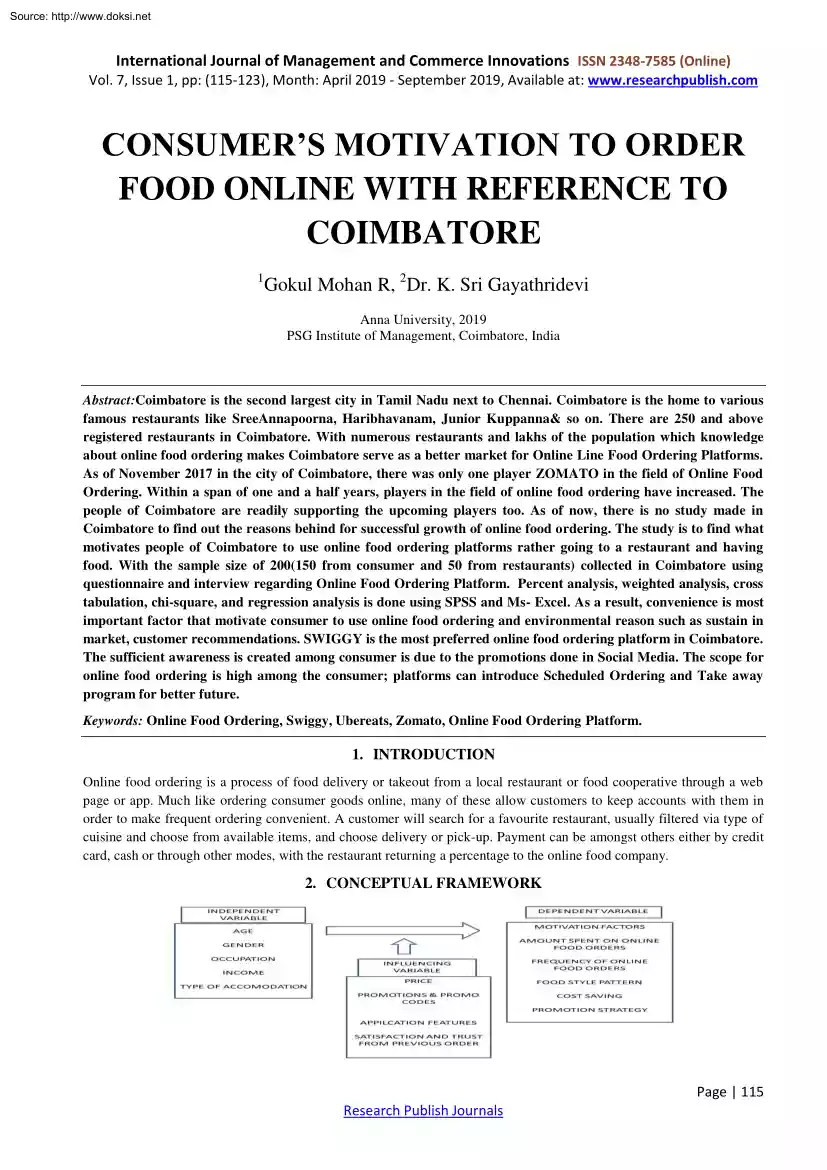 Mohan-Gayathridevi - Consumers Motivation to Order Food Online with Reference to Coimbatore