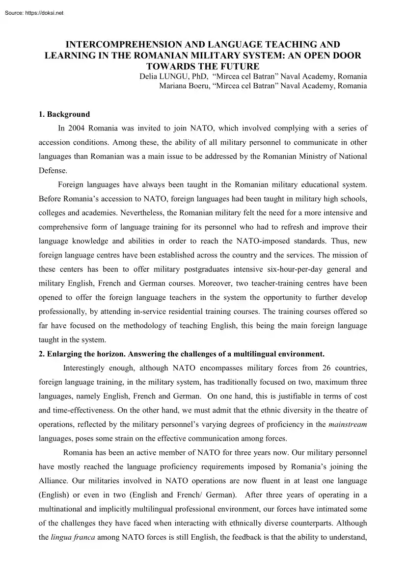 Intercomprehension and Language Teaching and Learning in the Romanian Military System, An Open Door Towards the Future