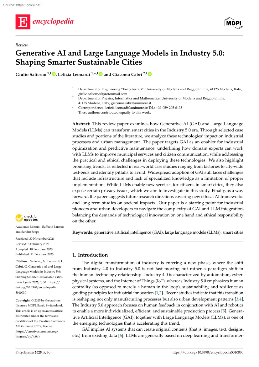 Generative AI and Large Language Models in Industry 5.0, Shaping Smarter Sustainable Cities